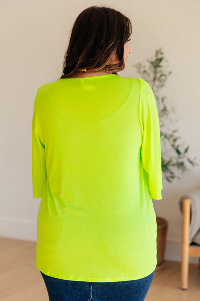 Wrinkle Free Flare Sleeve Top in Neon Green