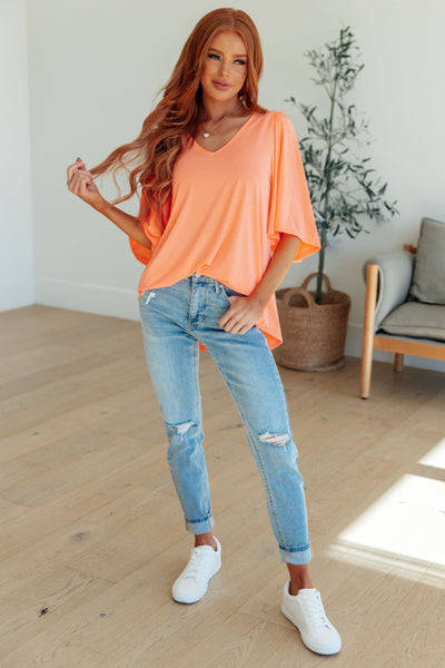 Wrinkle Free Flare Sleeve Top in Neon Orange