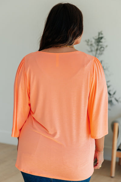 Wrinkle Free Flare Sleeve Top in Neon Orange