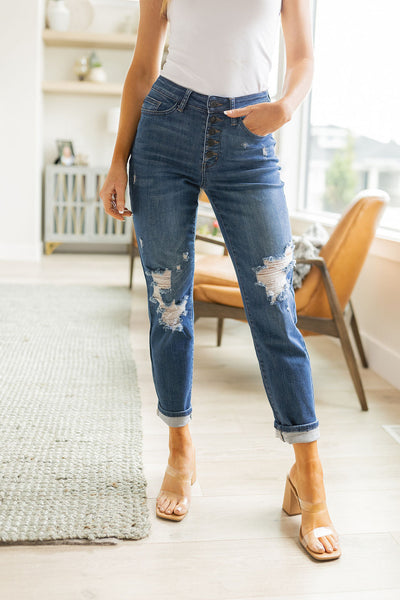 Judy Blue Matte Black Button Fly Distressed Denim