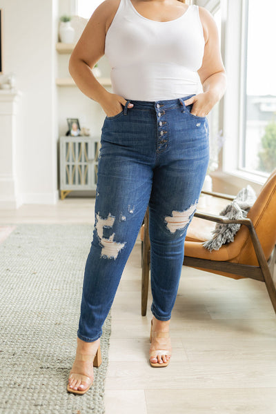 Judy Blue Matte Black Button Fly Distressed Denim