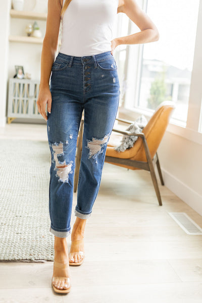 Judy Blue Matte Black Button Fly Distressed Denim