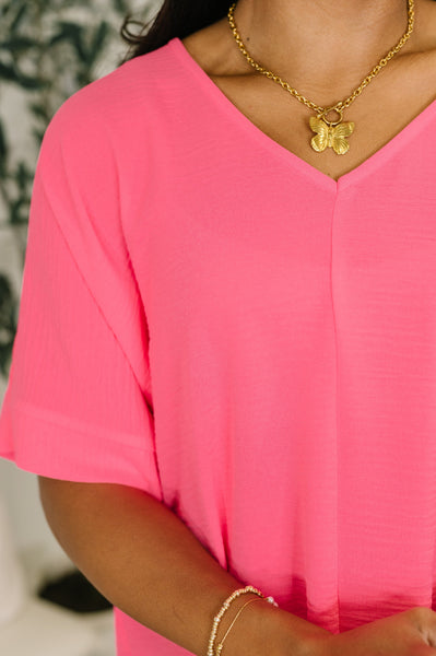 Crinkle Woven V-Neck Top in Neon Fuchsia