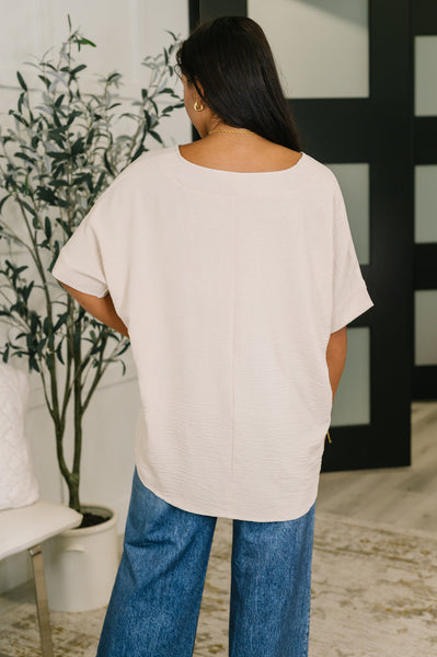 Crinkle Woven V-Neck Top in Sand Beige