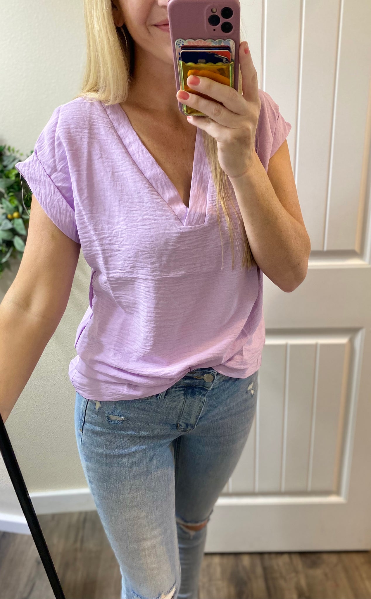 Lavender Rolled Short Sleeve V-neck Blouse