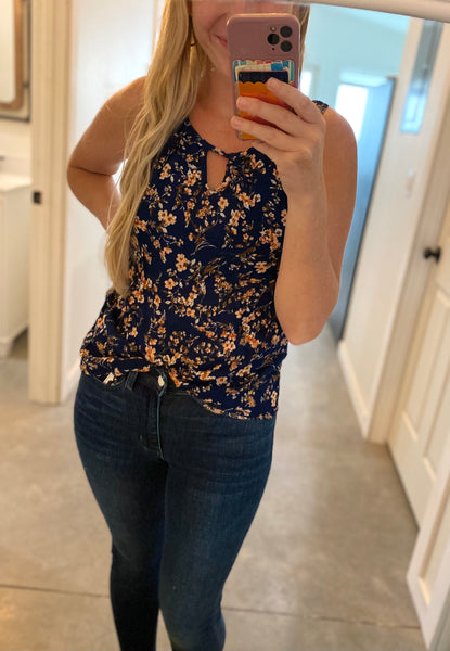 Navy Floral Keyhole Sleeveless Top