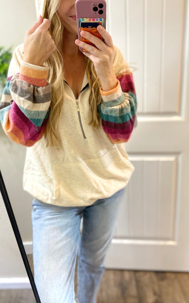 Striped Sleeve Half Zip Hoodie