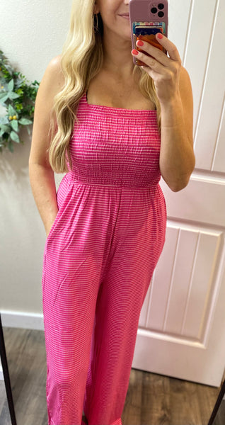 Pink Smocked Stripe Jumpsuit