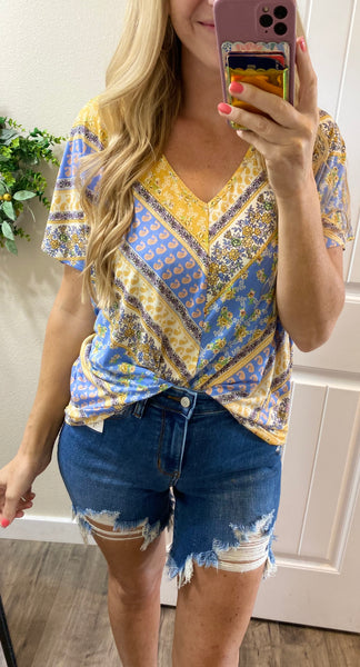 Blue/Yellow Print V-Neck Blouse