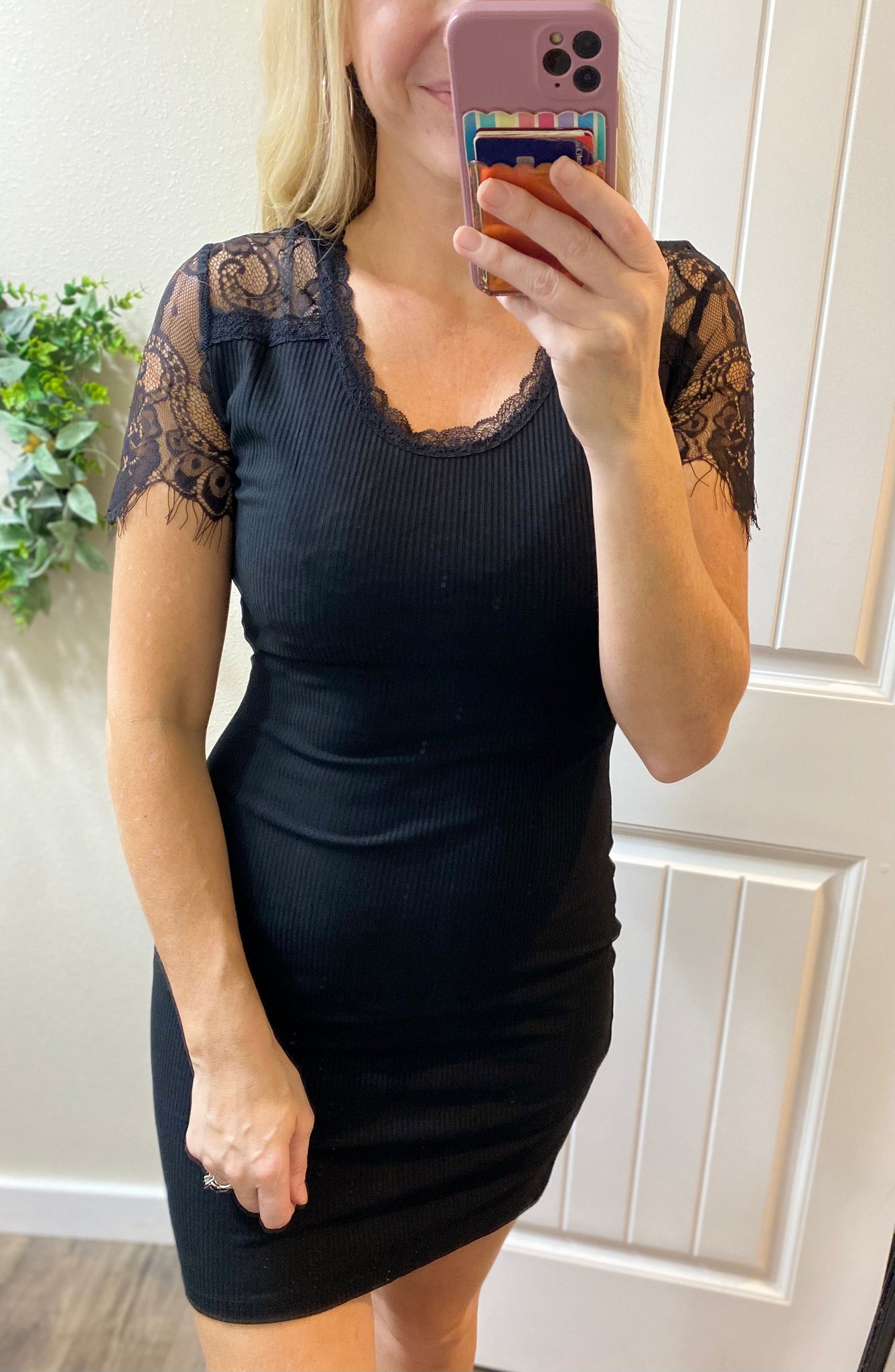 Lace Sleeve Ribbed Dress