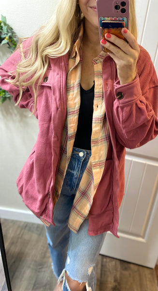 Coral Pink Plaid Button-Down Top