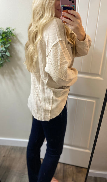Double Gauze Oversized 3/4 Button Henley Neck Top