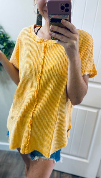 Raw Hem Waffle Knit Top in Light Grey