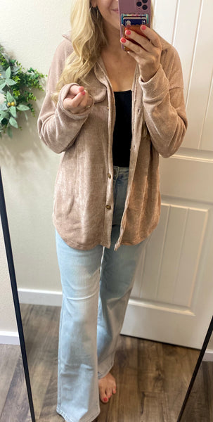 Chenille Button Shacket in Mocha