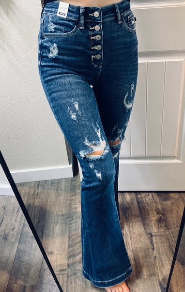Judy Blue Darkwash Distressed ButtonFly Flare