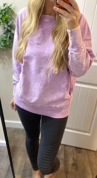 Acid Wash French Terry Pullover in Lavender