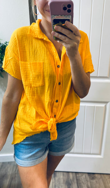 Yellow Raw Hem Button Up Short Sleeve