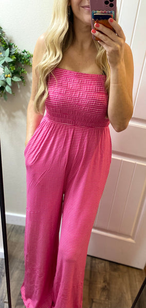 Pink Smocked Stripe Jumpsuit