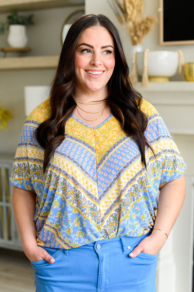 Blue/Yellow Print V-Neck Blouse