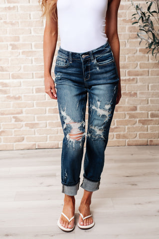 Judy Blue Dark Mid Rise Cuffed Destroyed Boyfriend Jeans