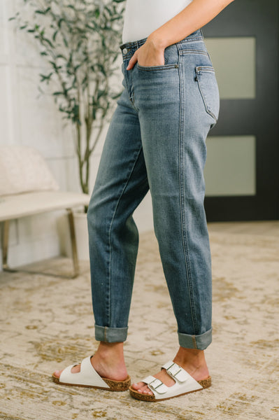 Judy Blue Mid Rise Boyfriend with Adjustable Back Tab + Hollywood WB
