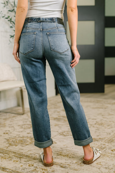 Judy Blue Mid Rise Boyfriend with Adjustable Back Tab + Hollywood WB