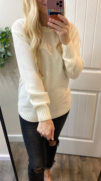 Ivory Round Neck Basic Hi-Low Sweater