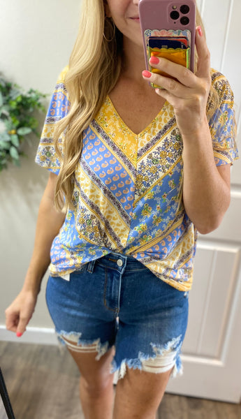 Blue/Yellow Print V-Neck Blouse