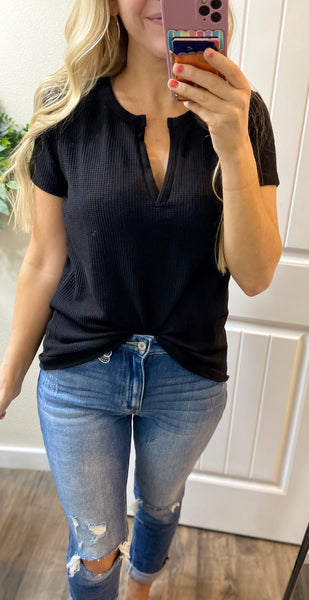Melange Waffle V Short Sleeve Top