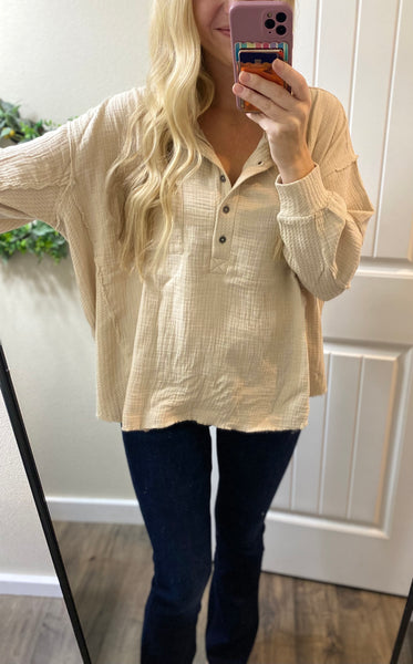Double Gauze Oversized 3/4 Button Henley Neck Top