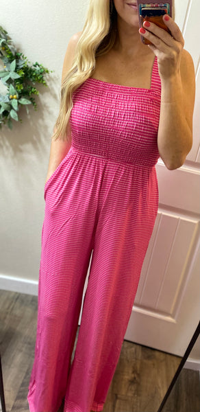 Pink Smocked Stripe Jumpsuit