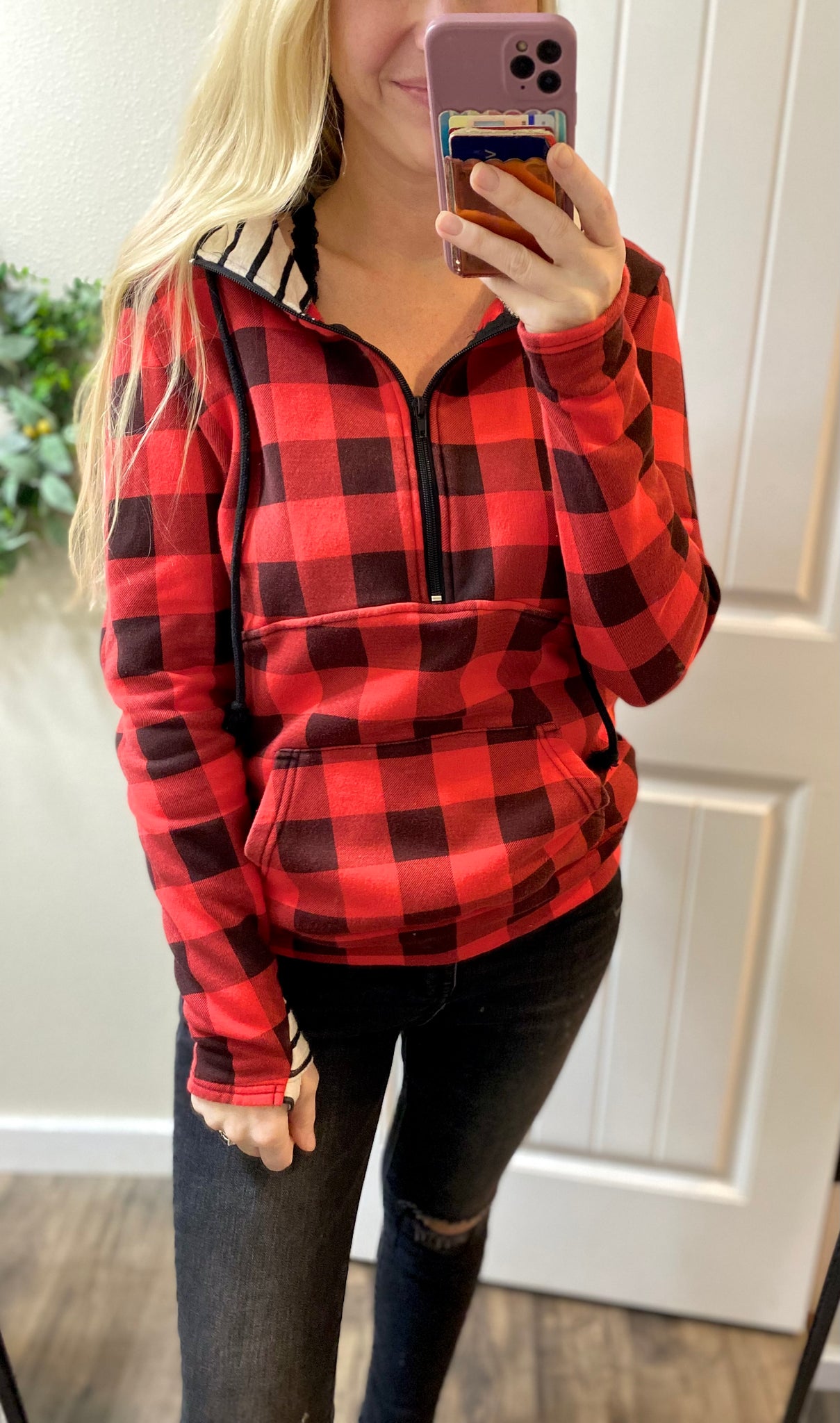 Cloud Red/Black Check Plaid 1/2 Zip Hoodie