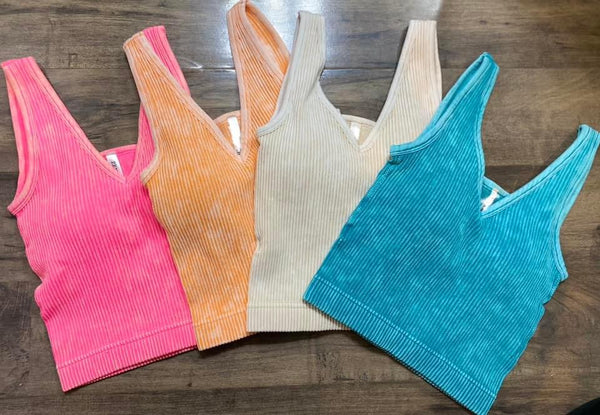 Mineral Washed Ribbed Padded Bra Crop Tank