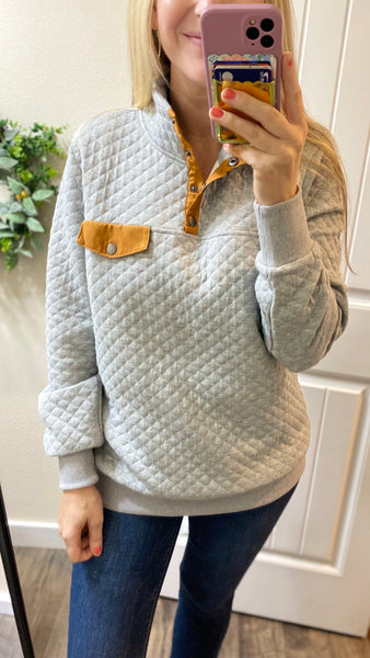 Gray Quilted Snap Pullover
