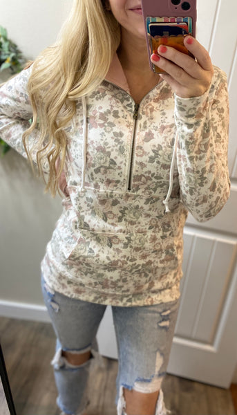 Mauve Floral 1/2 Zip Hoodie