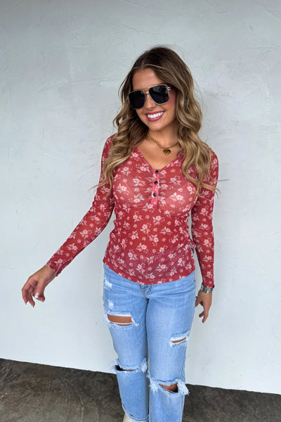 PREORDER Floral Vneck Mesh Henley Top