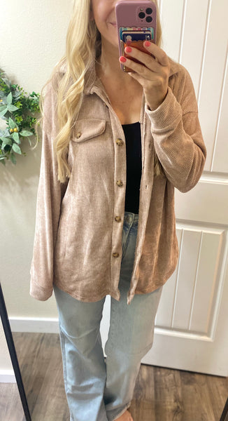 Chenille Button Shacket in Mocha