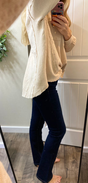 Double Gauze Oversized 3/4 Button Henley Neck Top