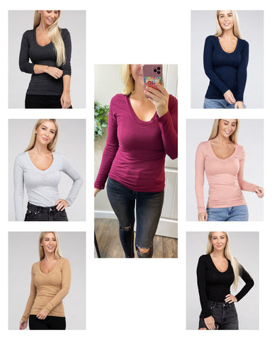 Long Sleeve V-Neck Fitted Top