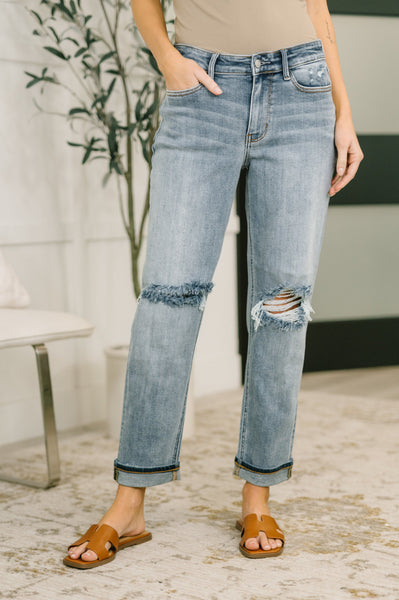 Judy Blue Mid Rise Boyfriend with Distress & Cuff