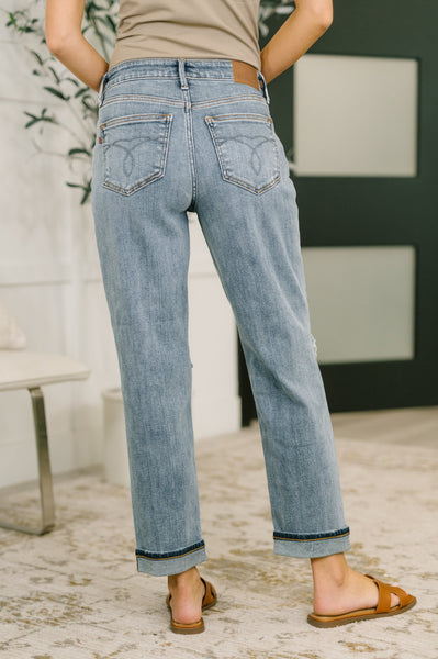 Judy Blue Mid Rise Boyfriend with Distress & Cuff