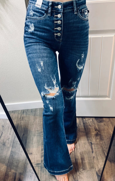 Judy Blue Darkwash Distressed ButtonFly Flare