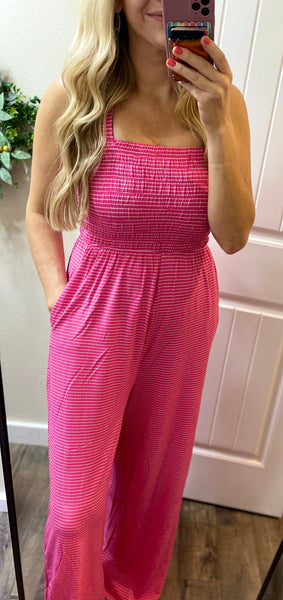 Pink Smocked Stripe Jumpsuit