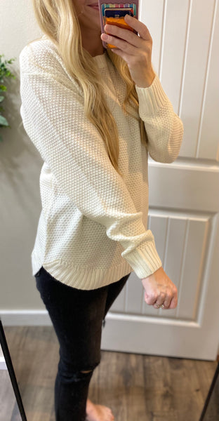 Ivory Round Neck Basic Hi-Low Sweater
