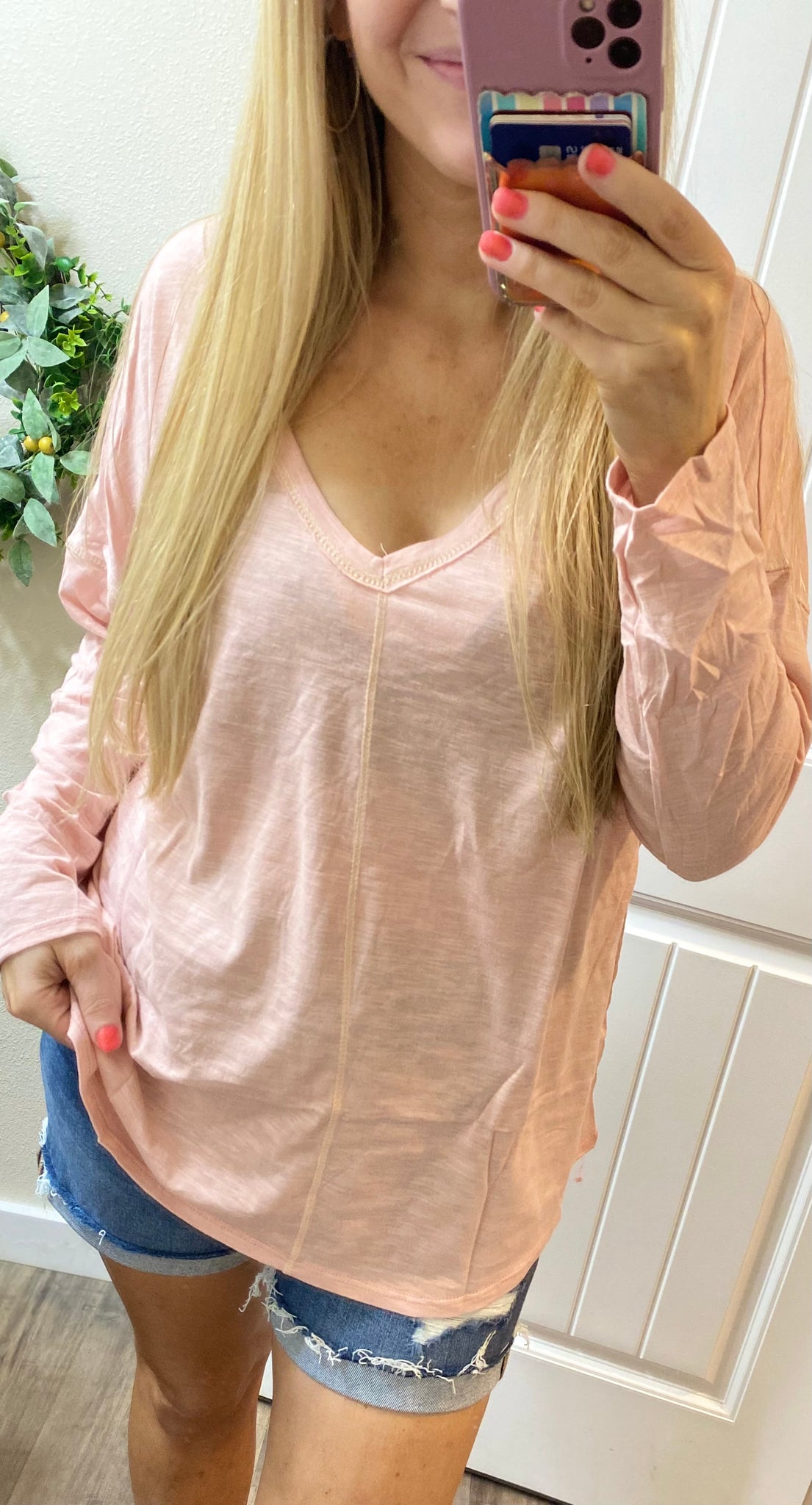 Blush Exposed Seam V-neck Long Sleeve