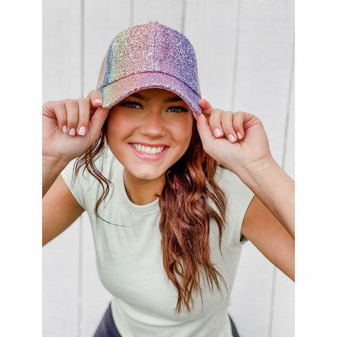 Rainbow Unicorn Glitter Criss Cross Ponytail Cap