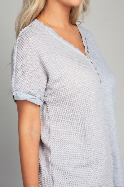 Grey Contrast Waffle Button Short Sleeve Top