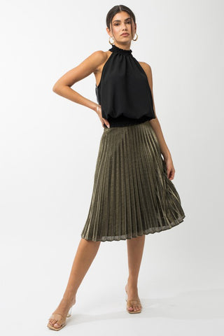 Gold Lurex Fabric Pleated Midi Skirt