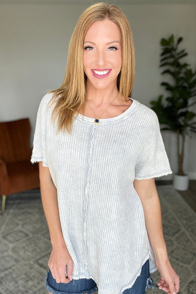 Raw Hem Waffle Knit Top in Light Grey