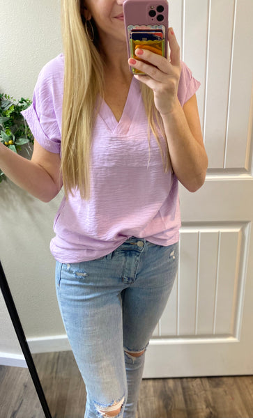 Lavender Rolled Short Sleeve V-neck Blouse